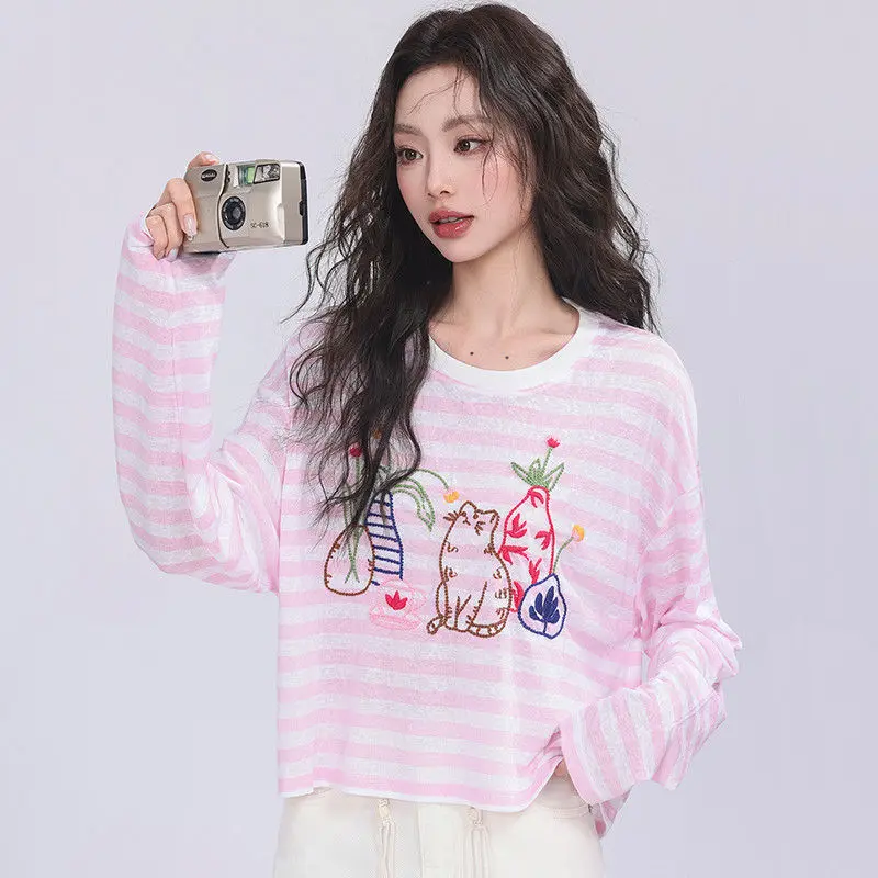 

Летние тонкие свежие свободные женские рубашки в полоску Constrast Y2k High Street, универсальная милая одежда с принтом, корейский топ в стиле Харадзюку