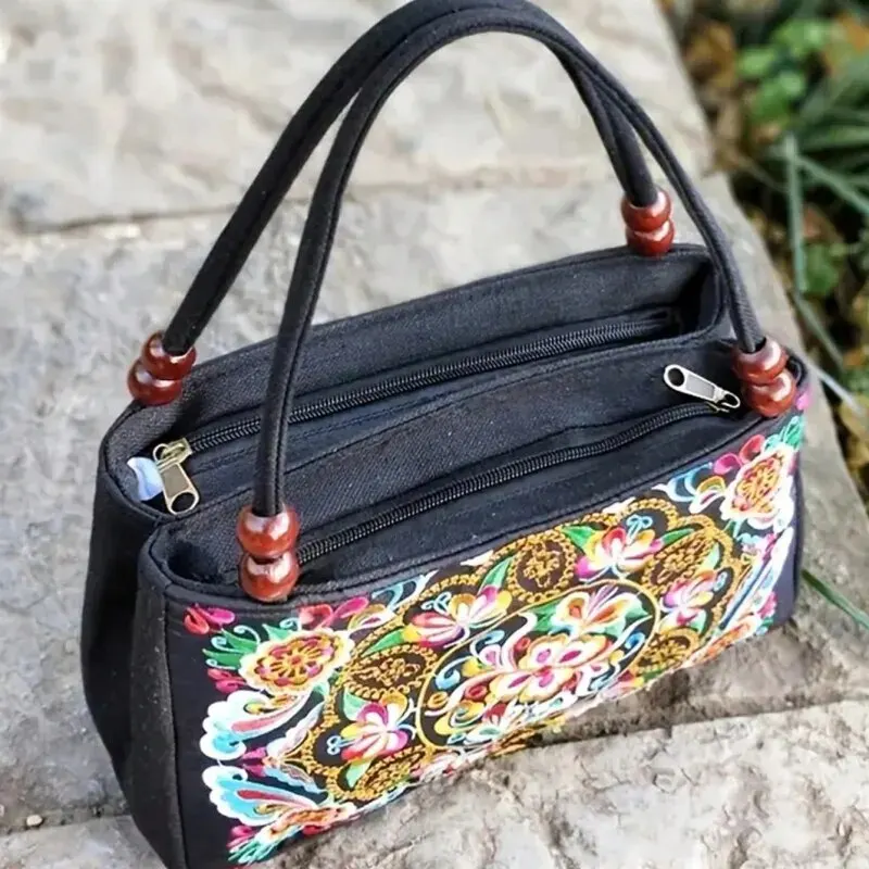 Yogodlns New Ethnic Style Embroidery Bag Double Zipper Dwustronna damska torba na ramię Crossbody