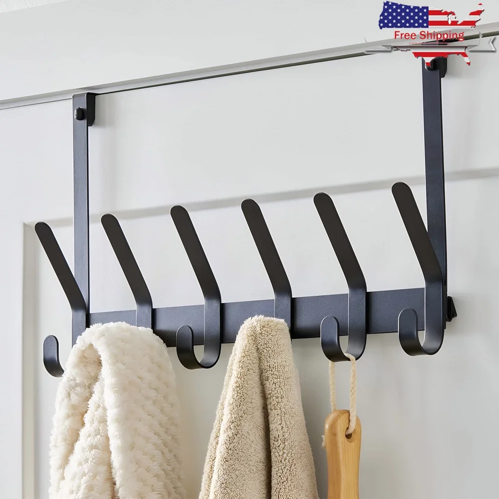 

Over-the-Door Hook Rack with 6 Double Hooks Space Saving Solution Towels Robes Accessories Matte Black Steel