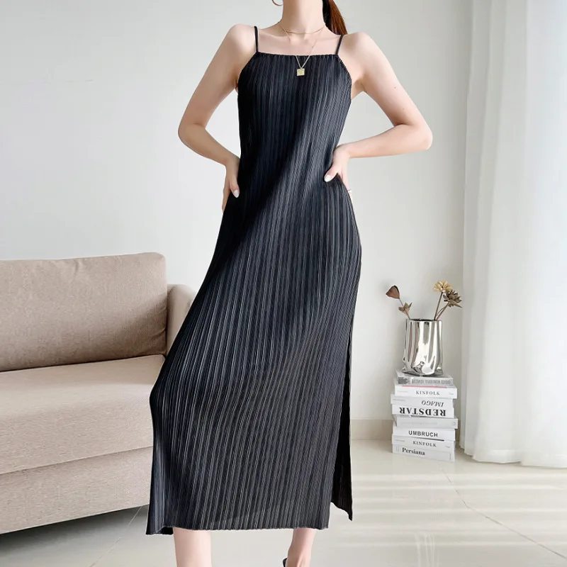 Spring and Summer Women\'s Clothing New Pleated Suspender Dress Miyake Temperament Thin Shoulder Strap Split Straight Skirt Long