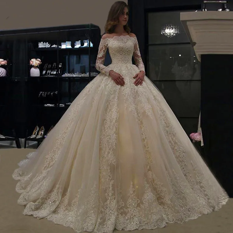 Haute Couture elegante abito da sposa da donna bianco avorio con maniche lunghe al largo della spalla abito da sposa in cristallo con paillettes