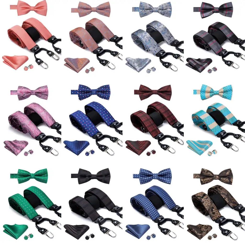 Hi-Tie Vintage Silk Men\'s Christmas Suspender Fashion Red Green Suspender and Bow Tie Set Leather Metal 6 Clips Suspender Braces