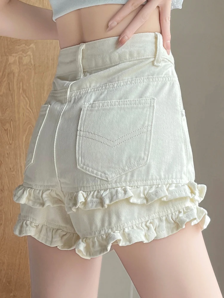 

White Denim ort orts Women's Ruffle Manga Girl Long Legs Summer Thin High Waist A-Line Straight Leg Hot Pants