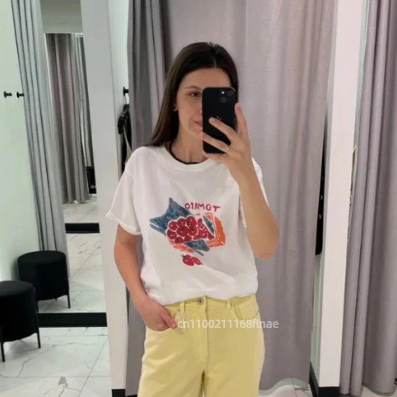 เสื้อยืดแขนสั้นผ้าไหมนมพิมพ์ลายสไตล์เกาหลี รุ่นใหม่ประจำฤดูร้อนปี 2025 สำหรับผู้หญิง สวมใส่สบาย