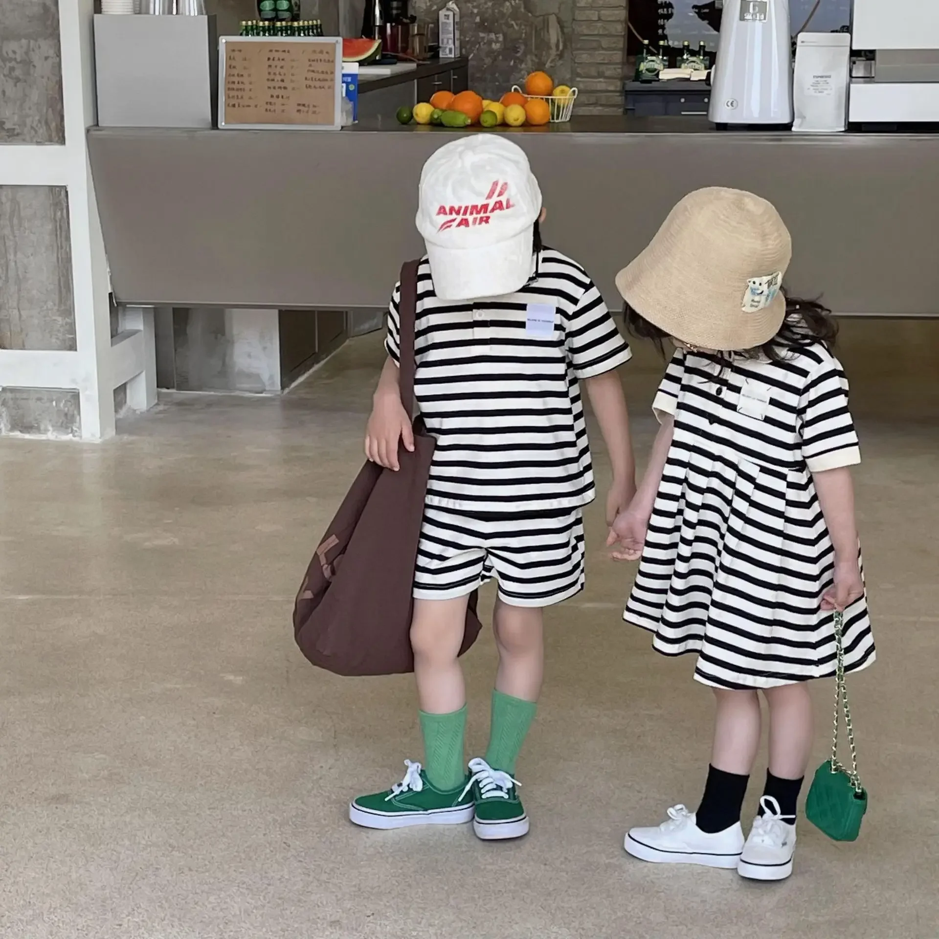 

Brother And Sister Matching Clothes Summer Korean Children's Clothing Baby Girls Striped Dress Kids Two-Piece Set For Boys Suit