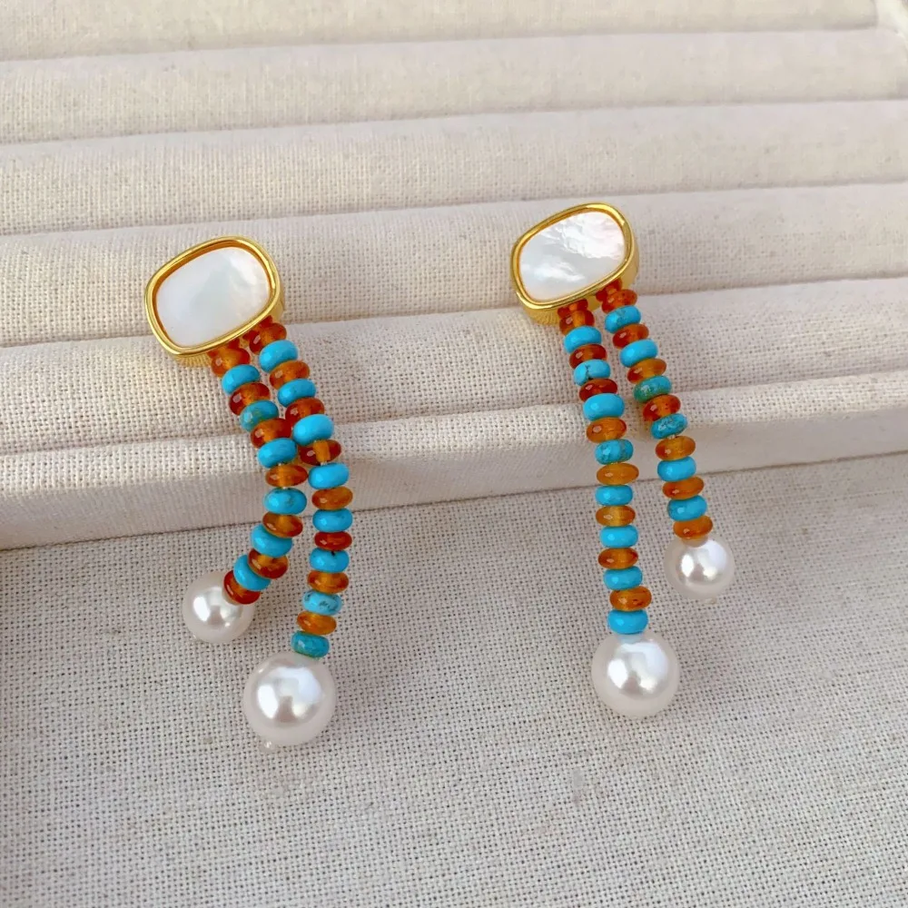 

French Retro New Fashion Red Blue Stone Tassel Earring Copper Temperament Personality White Butterfly Shell Earrings for Women