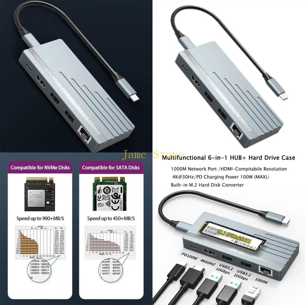 

LX0B TypeC Hubs Док-станция Металлическая док-станция 6-в-1 с HDMI-совместимым 4K @ 60 Гц Gigabit Ethernet Полная скорость