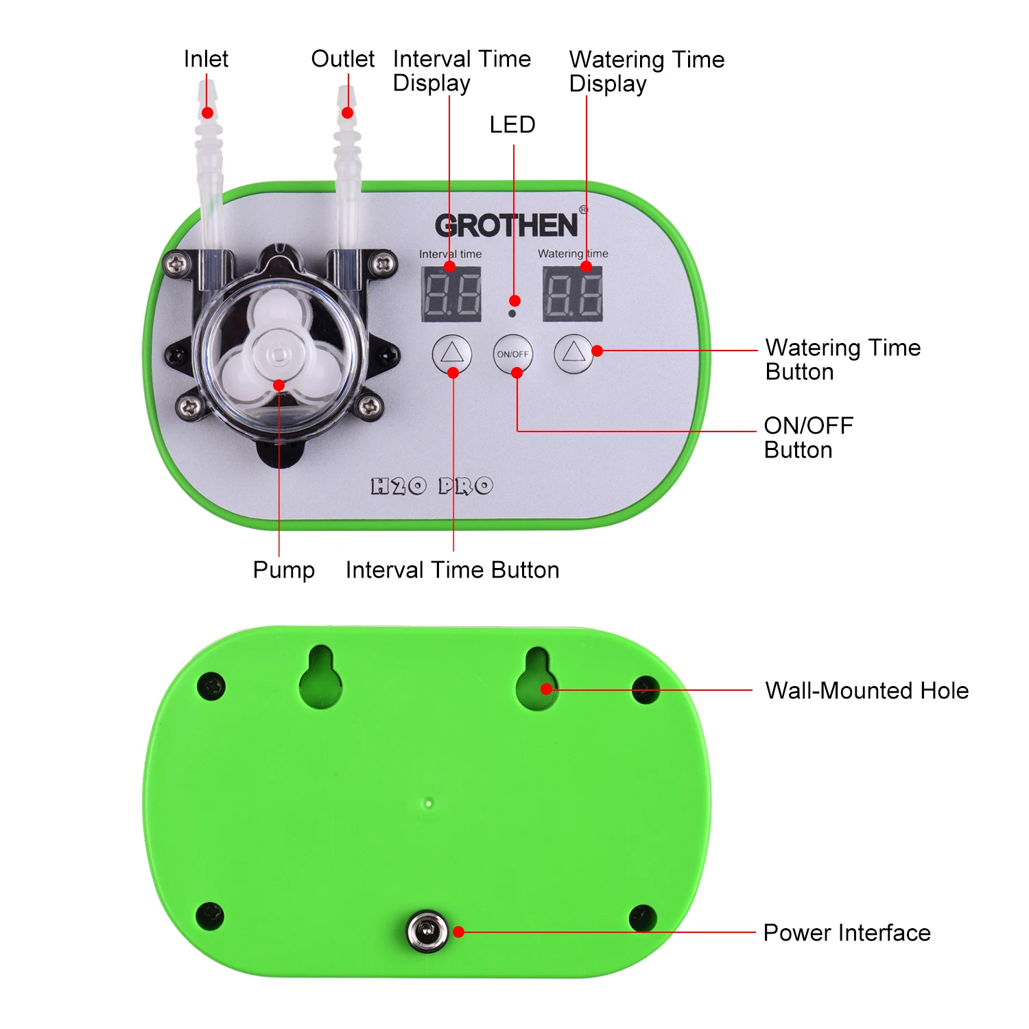 GROTHEN Timed Dosing Peristaltic Pump Metering Pump Smart Watering Device Amount Timing Control with 5 Meter Hose 160ml/min