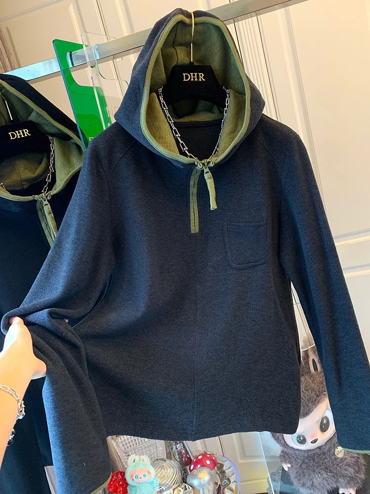 

Женская мягкая свободная толстовка больших размеров (300 Pou) в американском стиле, осенне-зимняя, с начесом, на молнии, с цветными вставками