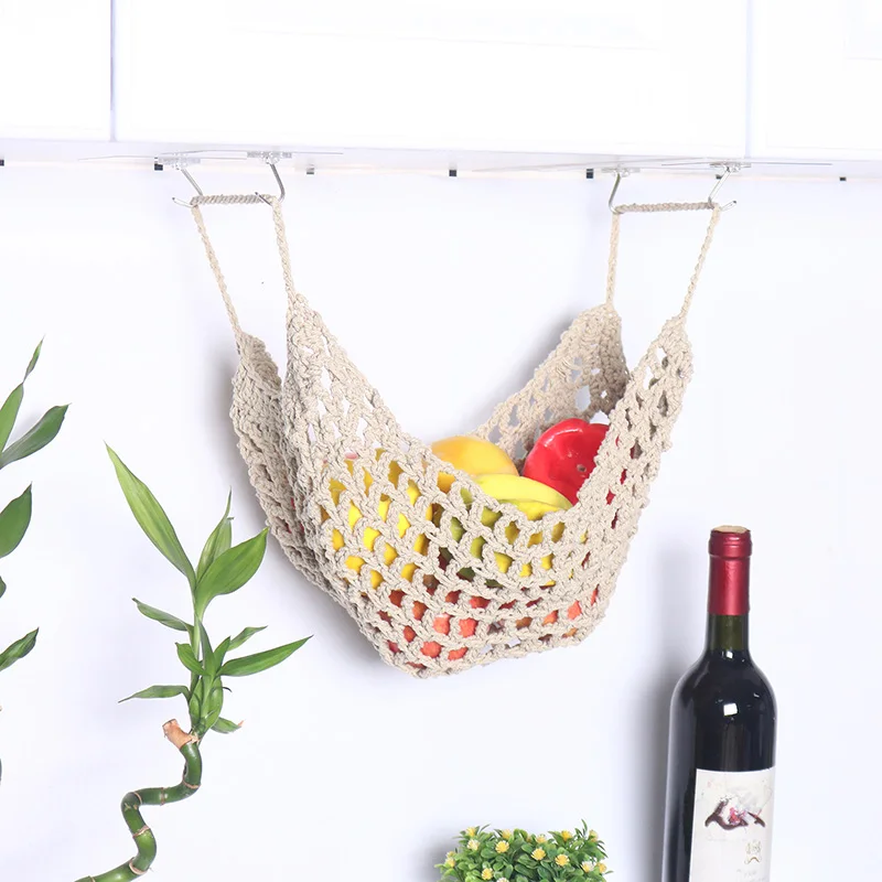 

Household Wooden Stick Fruit Basket, Tassel-Free Net Bag, Handwoven Cotton Rope Mesh Bag