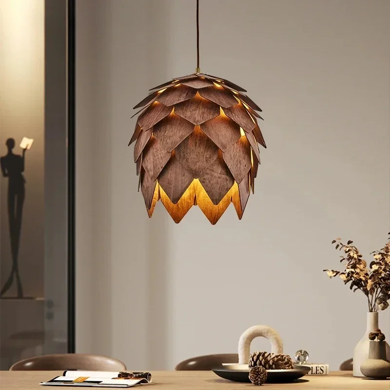 Danish Designer Wooden Pine Cone Chandelier For Restaurant Living Room Dining Room Retro Solid Wood