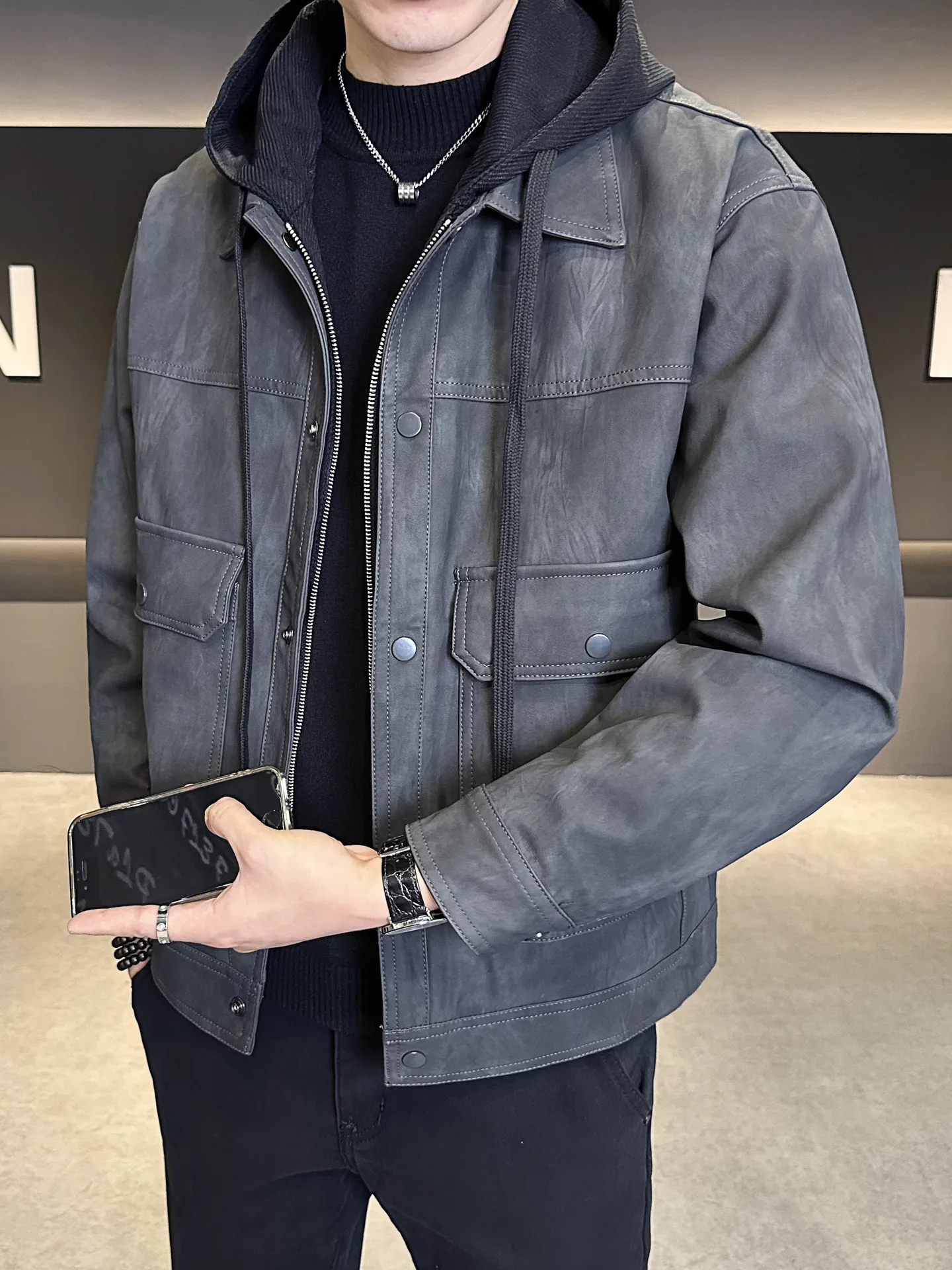 

Кожаная мужская куртка с капюшоном, осень-зима 2025, новая рабочая одежда Sli, искусственная двухсекционная байкерская мода Long Sve на молнии, P...