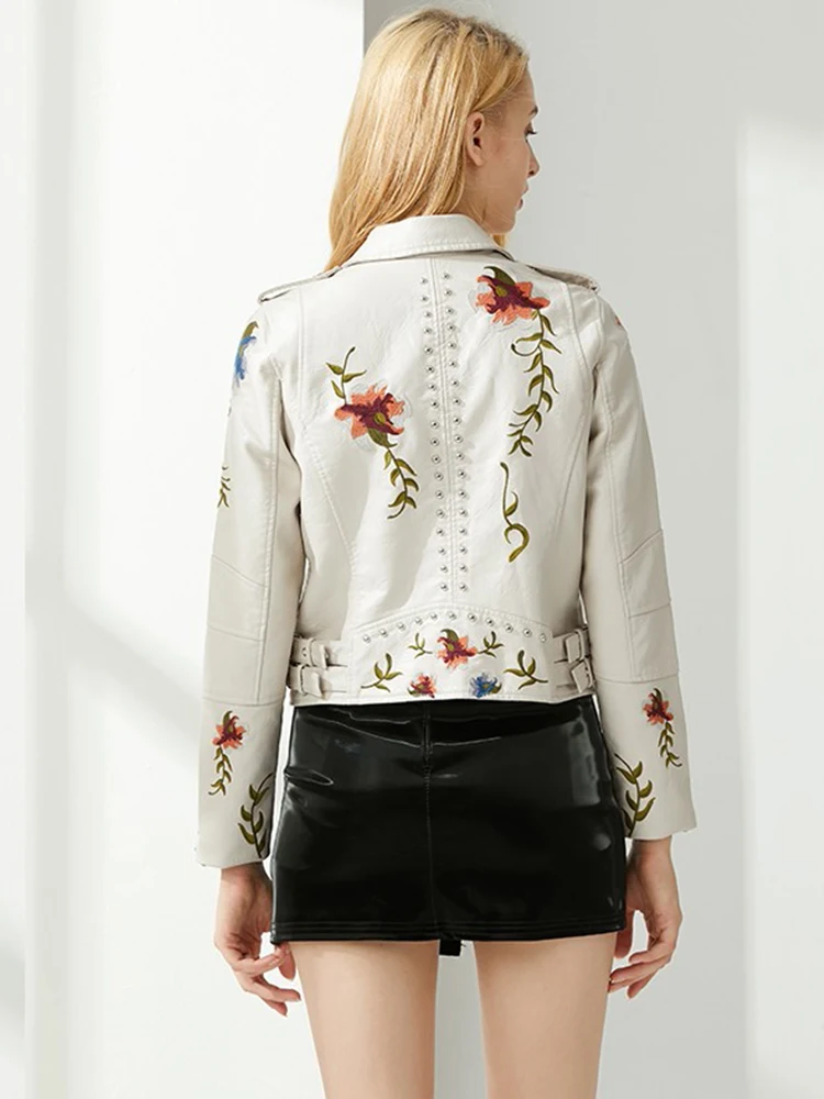 FTLZZ New Autumn Women Floral Print Embroidery Pu Faux Leather Jacket Streetwear Punk Style Biker Turn Down Collar Black Coat