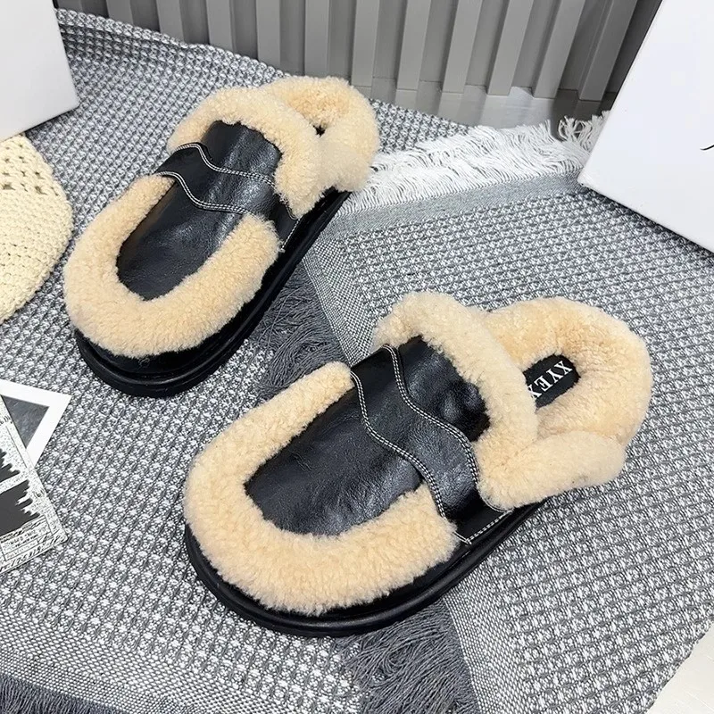 Women Fur Flats Slippers Warm Home Cotton Shoes Winter 2025 Trend New Short Plush Slingback Flip Flops Fashion Zapatillas Mujer