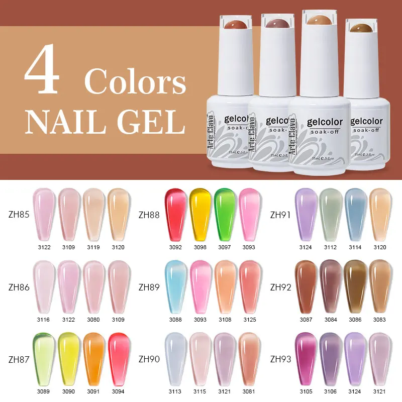 

Arte Clavo 4PCS/SET Jelly Color Nail Gel Polish Set Base Top Coat Varnish Soak Off UV Gel LED Semi Permanent All For Manicure