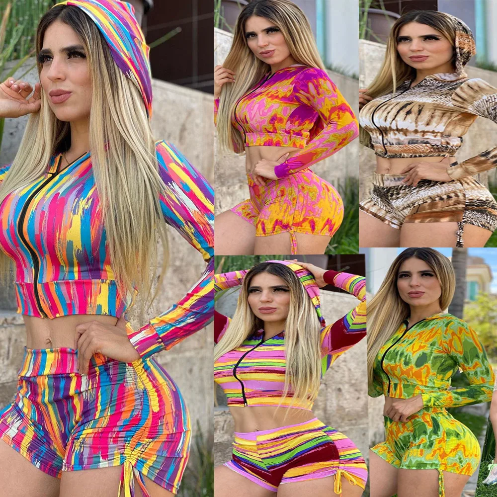 

Hooded Long-sleeved Shorts Featuring Printed Women's Casual Sports Suit 2026 Fashion Trend Spring And Summer New Products