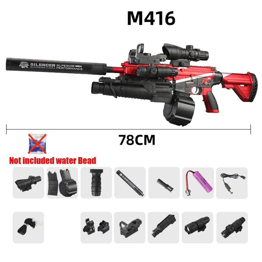 M416 Fully Equipped Automatic Electric Toy Gun Can Fire Gel Bullets 7-8mm, Boys' Toy Game Model
