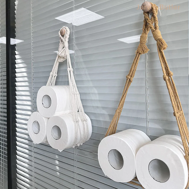 Storage Net Pocket Wall Mounted Bathroom Hand Woven Toilet Paper Roll Storage Net Pocket Retro Bathroom Decoration Book Storage