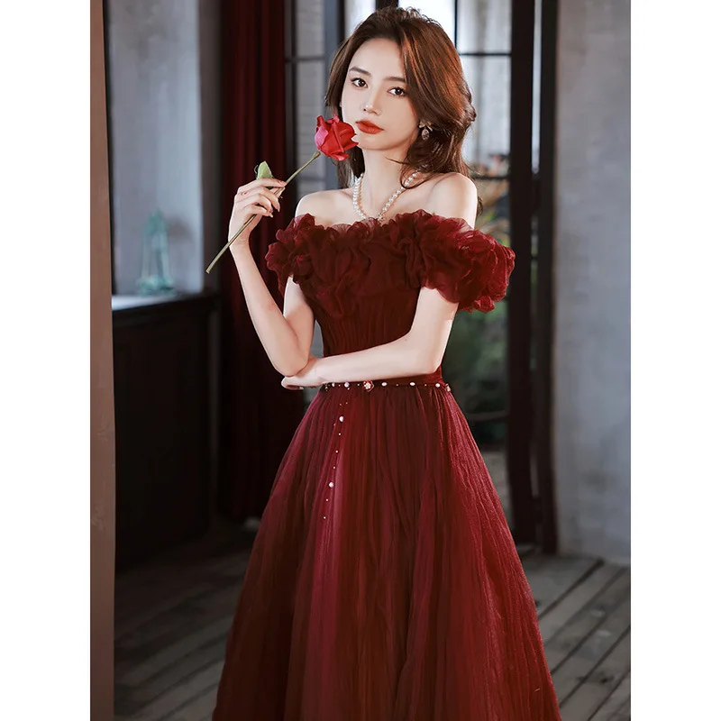 Off The Shoulder Prom Dress Classic Tulle Slim Lace Up Long Banquet Dresses Wine Red Cocktail Party Gowns Vestidos