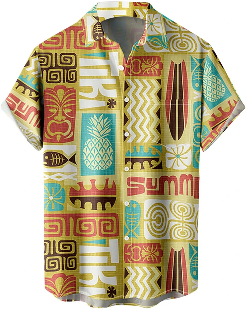 Vintage 3D Graffiti Tiki Printed Shirts For Men Children Fashion Personalitry Short Sleeve Lapel Shirt Unisex Hawaiian Blouses