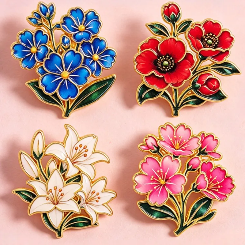 Cute Vintage Colorful Floral Enamel Pin Lily Cherry Poppy Blue Flower Leaf Brooch Backpack Hat Clothes Plant Lovers Daily Gifts view 3