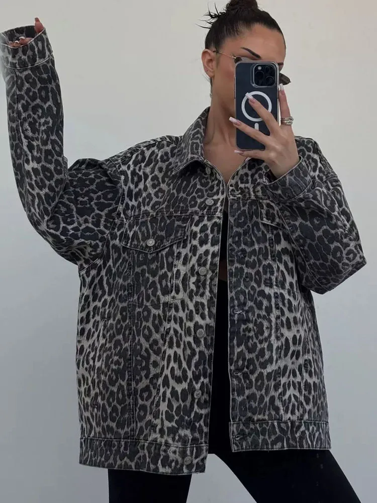 

BKQU винтажная джинсовая куртка с леопардовым принтом, женская свободная модная однобортная уличная куртка с карманами, повседневная верхняя одежда в стиле бойфренда