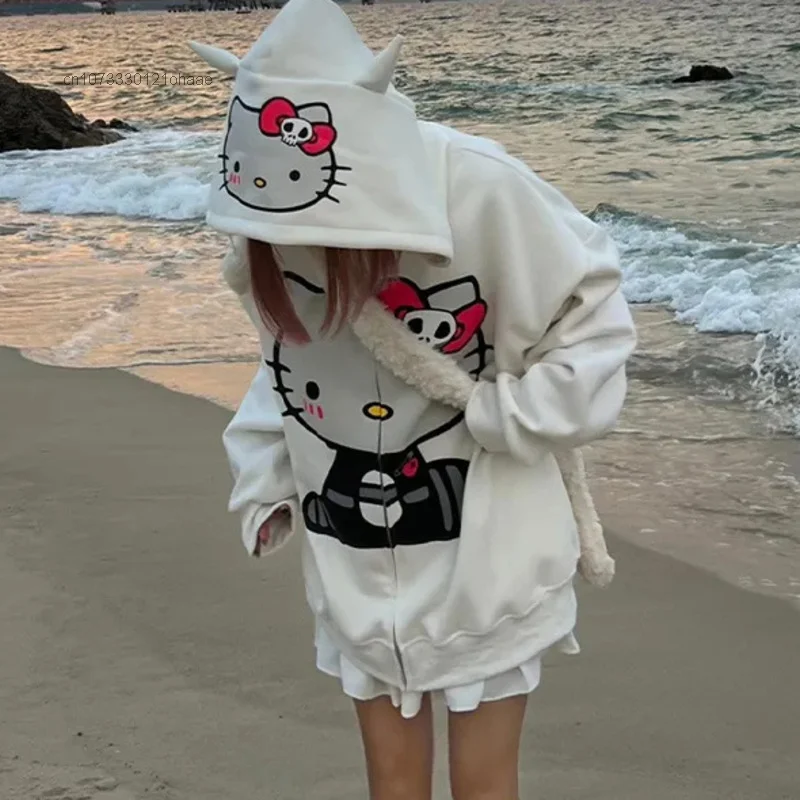 Sanrio Gothic Hello Kitty Women Hoodies American Halloween Skull Printed Hot Sweet Girls Cardigan Loose Design Sense Sweatshirt