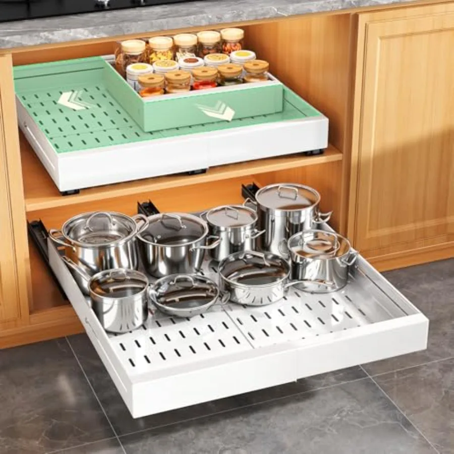 

Pull out Cabinet Organizer Expandable Width 14"-24" Depth(13"-24") with 3 Rails Slide Out Drawers With Raising Pad for Framed C