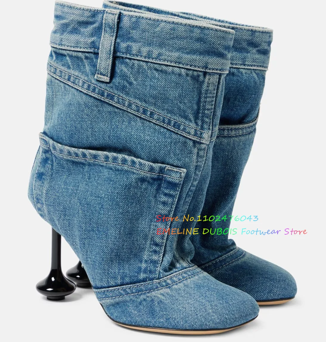 Cowboy Ankle Boots Women Denim Round Toe Stiletto Heel Short Boots High Heel Pants, Boots Fashion Oversized Women's Shoes