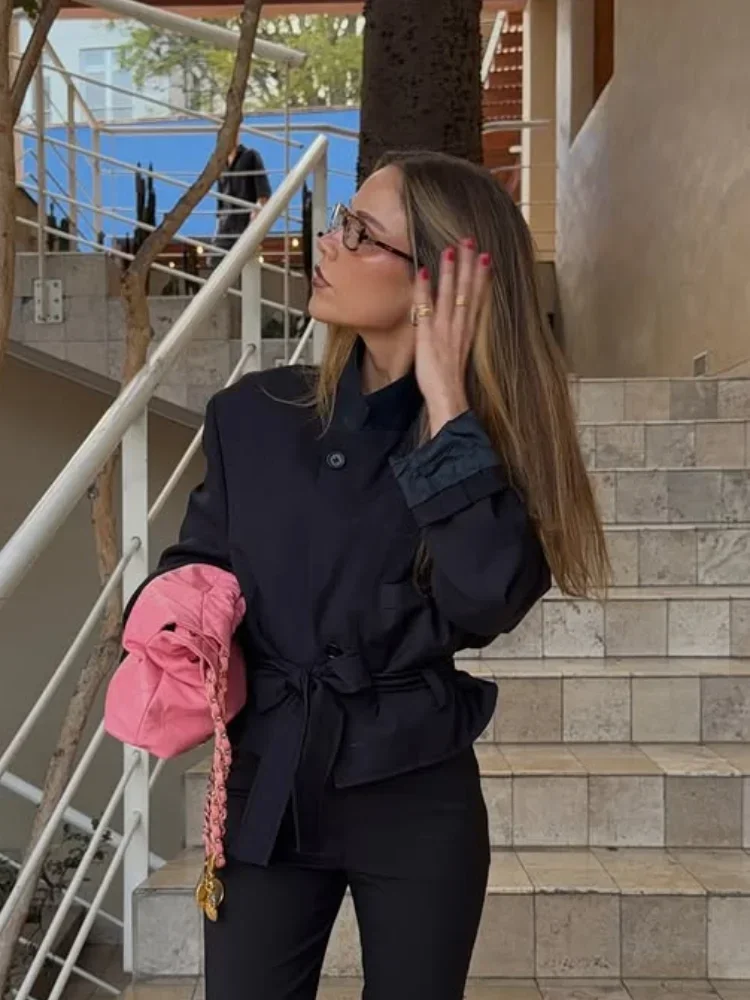 Stand Collar Suit Jacket Oversized Shoulder Long Sleeve Solid Black Woven Fabric Lady Autumn Casual Chic Office Outerwear Coats