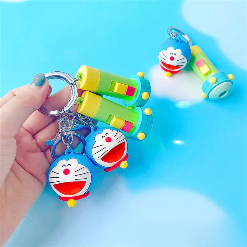 Anime Cartoon Doraemon Jingle Cat Cute Mini Flashlight Keychain Pendant Model Dolls Backpack Car Key Accessories Girls Gift