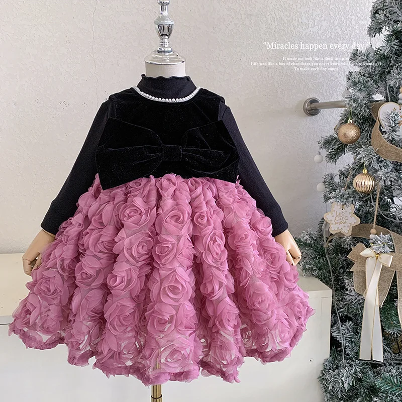 

Girls' Autumn and Winter New Korean Style Stylish Fleece-Lined Base Shirt and Rose Mesh Dress Two-Piece Set