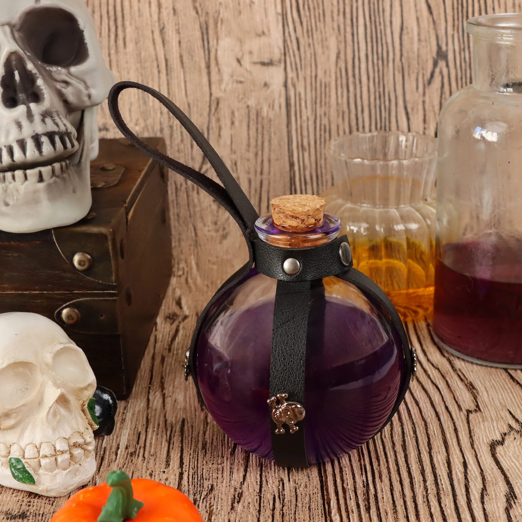 Dark Magic Potion Bottle for Cosplay Halloween, With Cork Stopper Leather Holster Loop Accessories(No lights or water included)