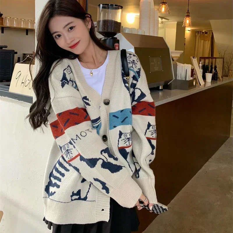 Women\'s Sweater Clothing Fashion Cartoon Cat Animal Cardigan Woman Oversized Tops Korean Knit Long sleeve Sweaters Coat Femme