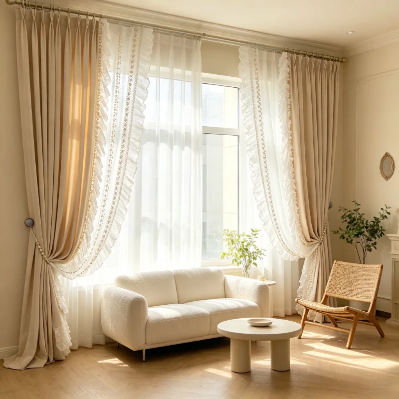 Luxury French Milk Tea Velvet Lace Embroidery Curtains for Living Room Bedroom Villa Dining Room High End Blackout Drapes Tulle