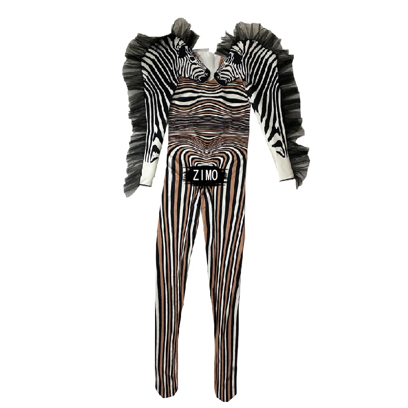 Traje Sexy de cantante de cebra a rayas para mujer, traje de actuación, mono con patrón, mono ajustado para juego de rol de baile de Bar Ds