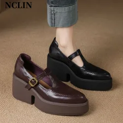 Chunky Platform High Heels Pumps Women Spring Genuine Leather Ankle Buckle Mary Jane Shoes Woman Thick Heeled Brown GLADIATOR
