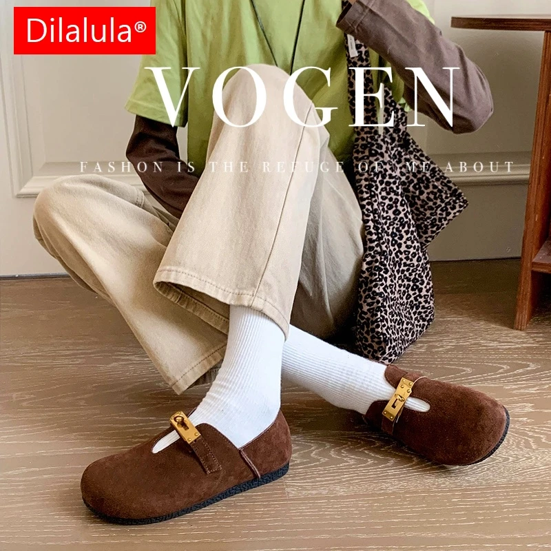 

Dilalula 2025 Genuine Leather Cow Suede Low Heel Pumps Ladies Round Toe Metal Lock Causal Pumps Women Comfort Walk Shoes
