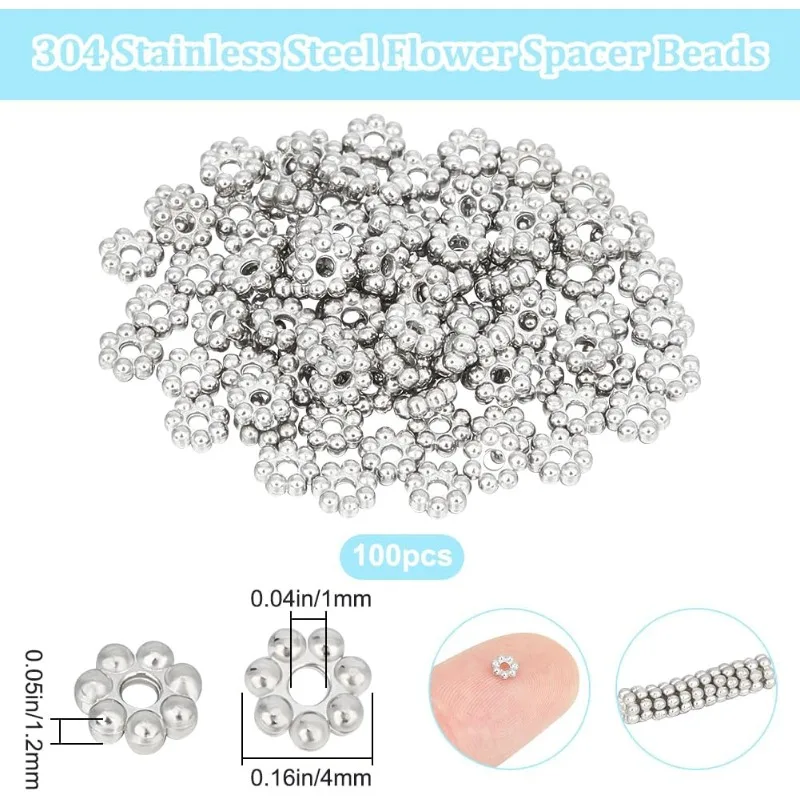 1 Box 100Pcs Flower Spacer Beads Stainless Steel Tibetan Style Round Floral Granulated Loose Beads with Large Hole for DIY Craft