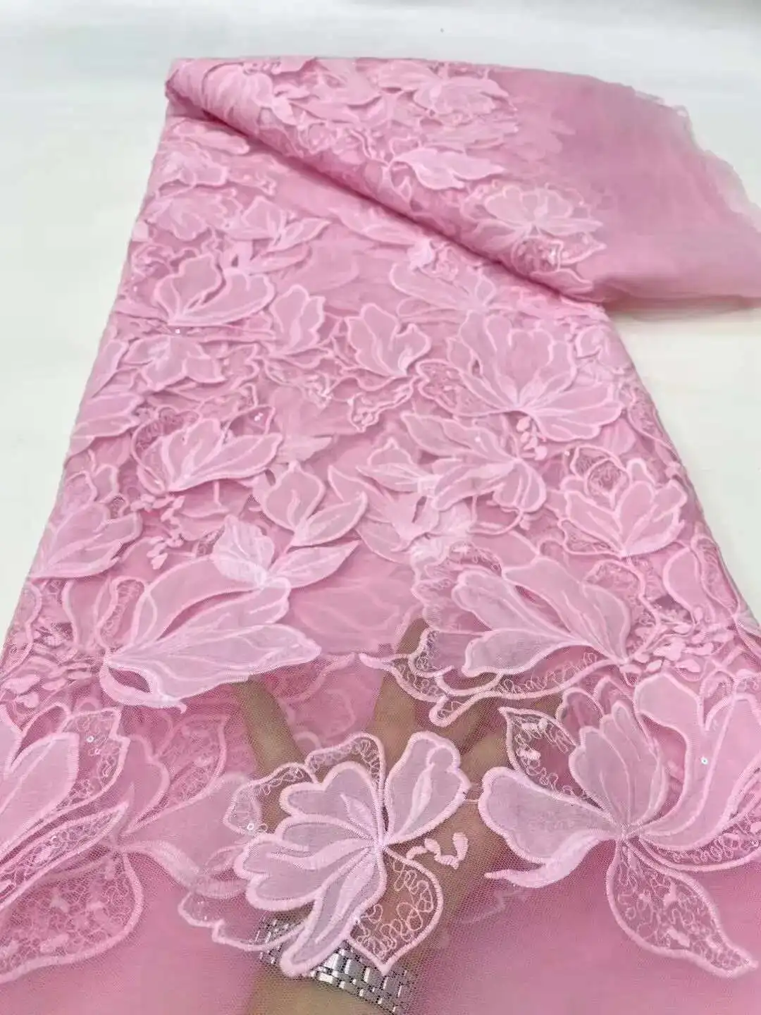 

2025 African Sequin Lace Fabric High Quality Embroidery French Tulle Milk Silk Lace Fabric For Bridal Dress Luxury Evening Dress
