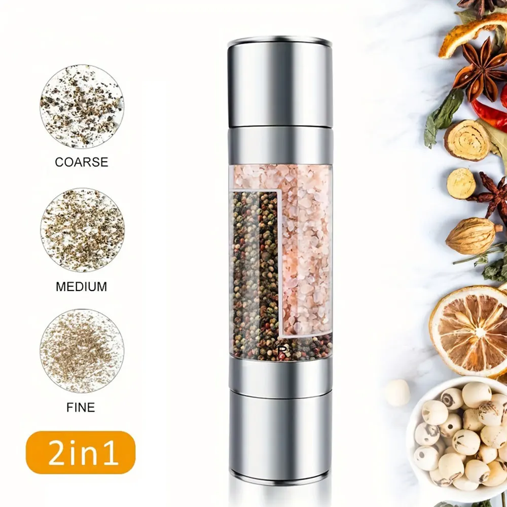 2 in 1 Adjustable Salt And Pepper Grinder Double Head Pepper Mill Pepper Crusher Manual Salt and Pepper Grinder Mill Shakers