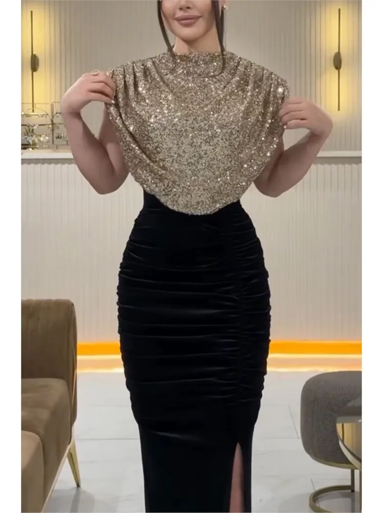 

Temperament Slit Dress Sequin Patchwork Vestidos Dresses 2025 Woman Slim Package Hip Contrast Sexy Banquet Elegant Sleeveless