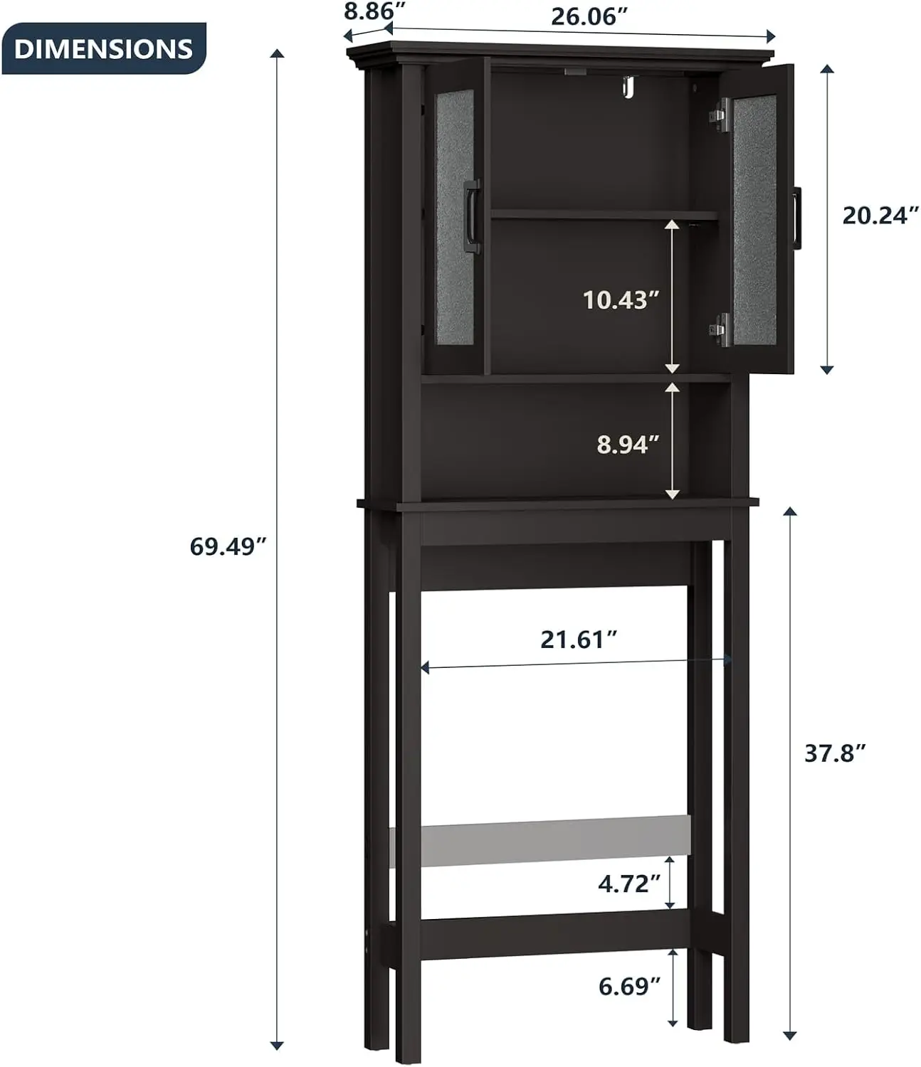 Over The Toilet Storage Cabinet, Over Toilet Bathroom Organizer with Glass Doors and Adjustable Shelf, Thicken Frame Above Toile