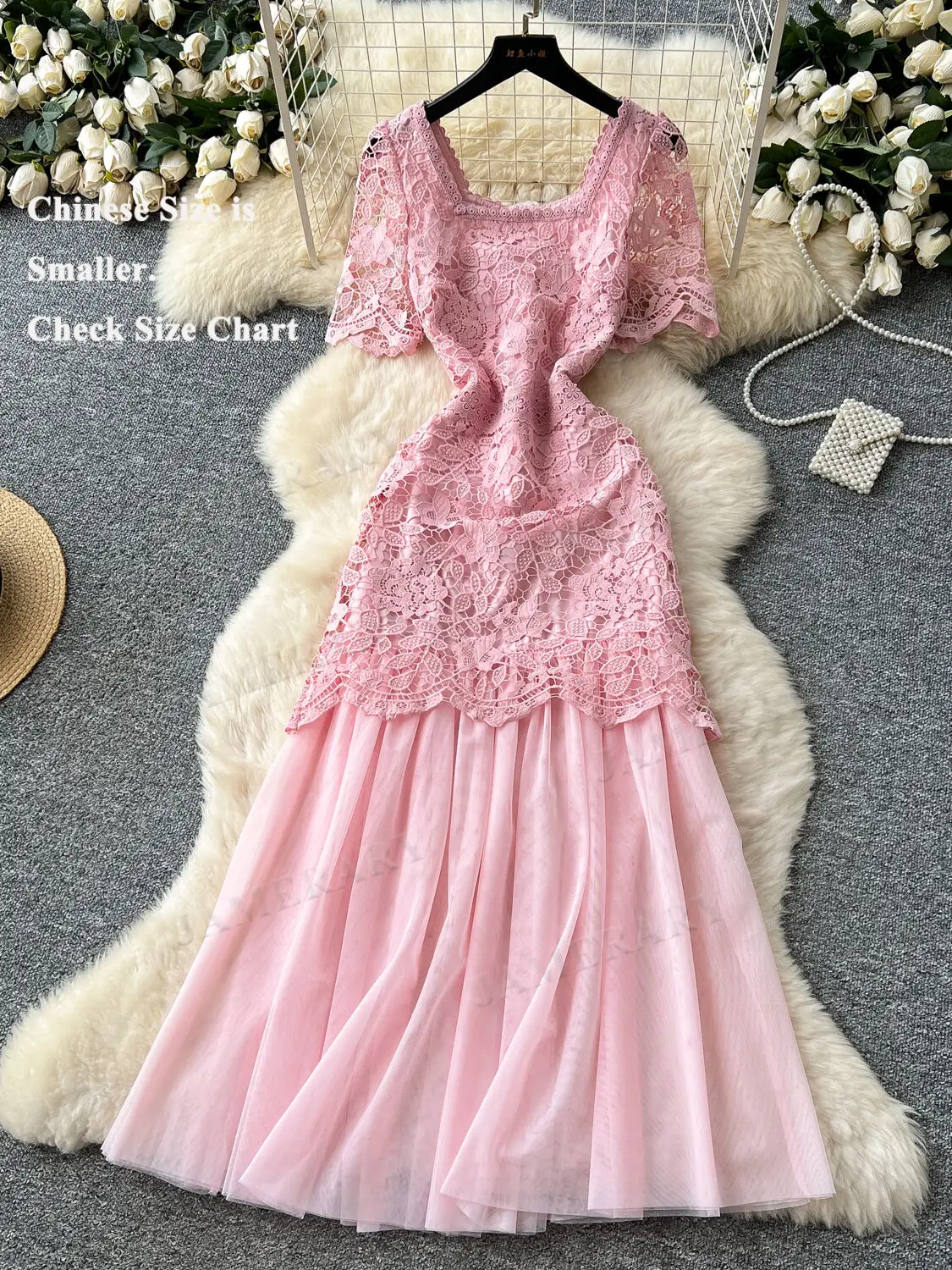 Damska Letnia Sukienka Midi z Siateczki, Koronki i Haftu, z Krótkim Rękawem, Wycięciami, na Bal, Wieczór, Imprezę, Sukienki Vestidos, Markowy Design