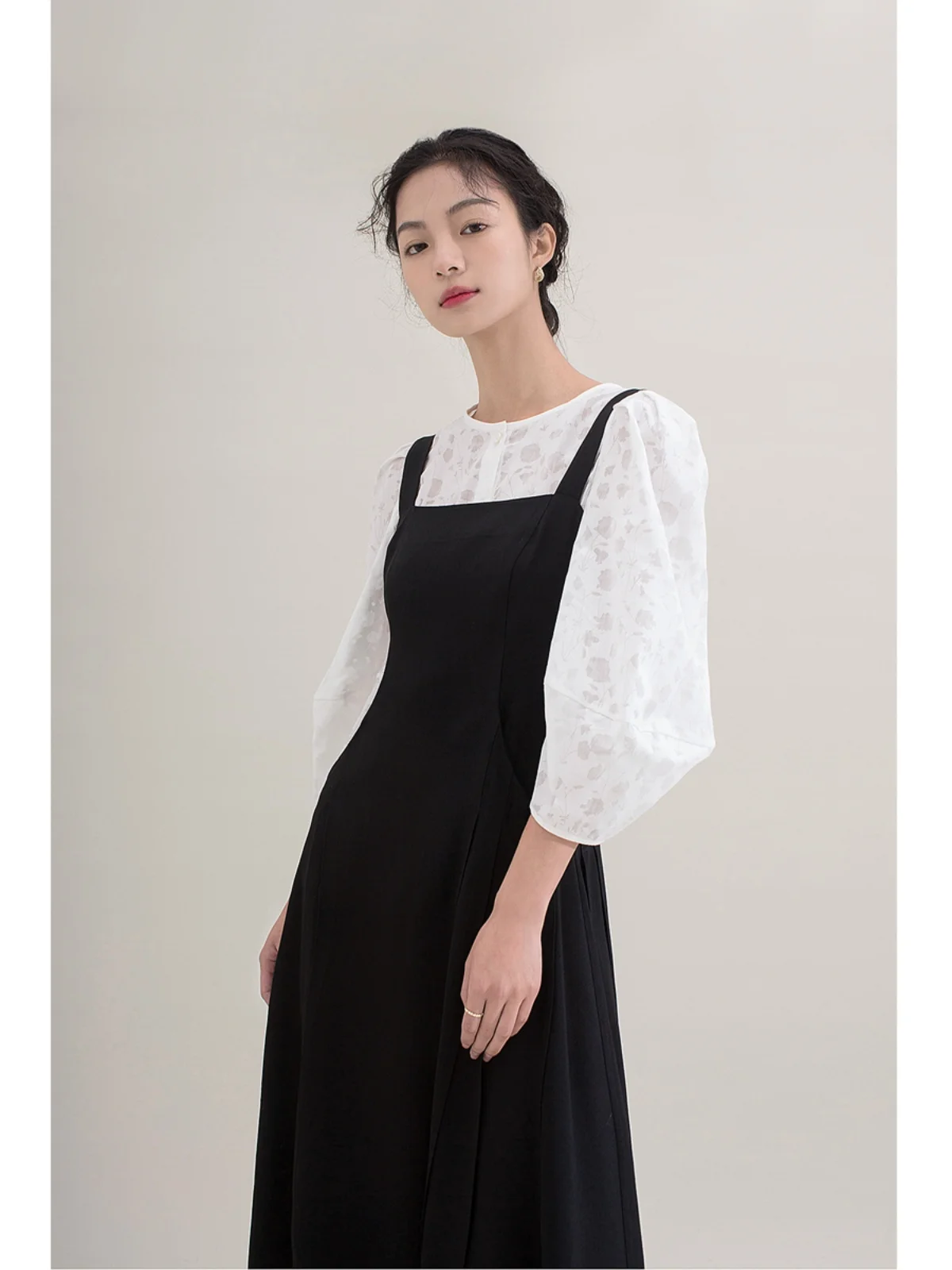 

Элегантное черное платье-жилет с бретелями, шикарная юбка А-силуэта с высокой талией, для офиса, с длинными рукавами, круглым вырезом, вечернее платье