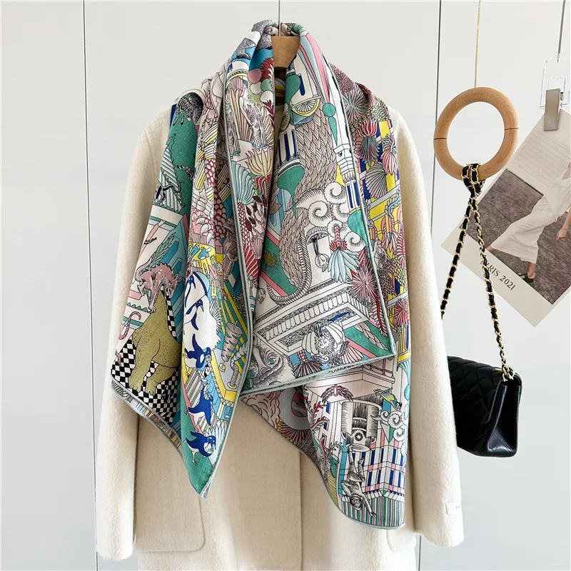 Classic Prints Wool Blanket Scarf Shawl Double Sided Large Square Wool Warm Scarves Wraps for Women Autumn Winter Use 53\