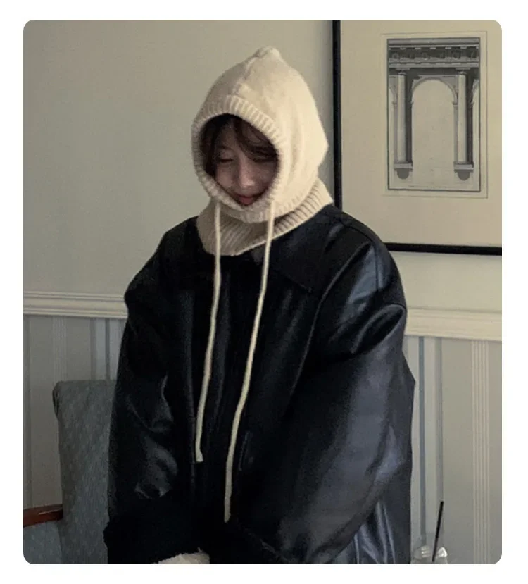 بالاكلافا كورية 2 في 1 للنساء، قبعة صغيرة محبوكة دافئة وجراميق للرقبة، أغطية رأس على شكل صوف مترهل لفصل الشتاء