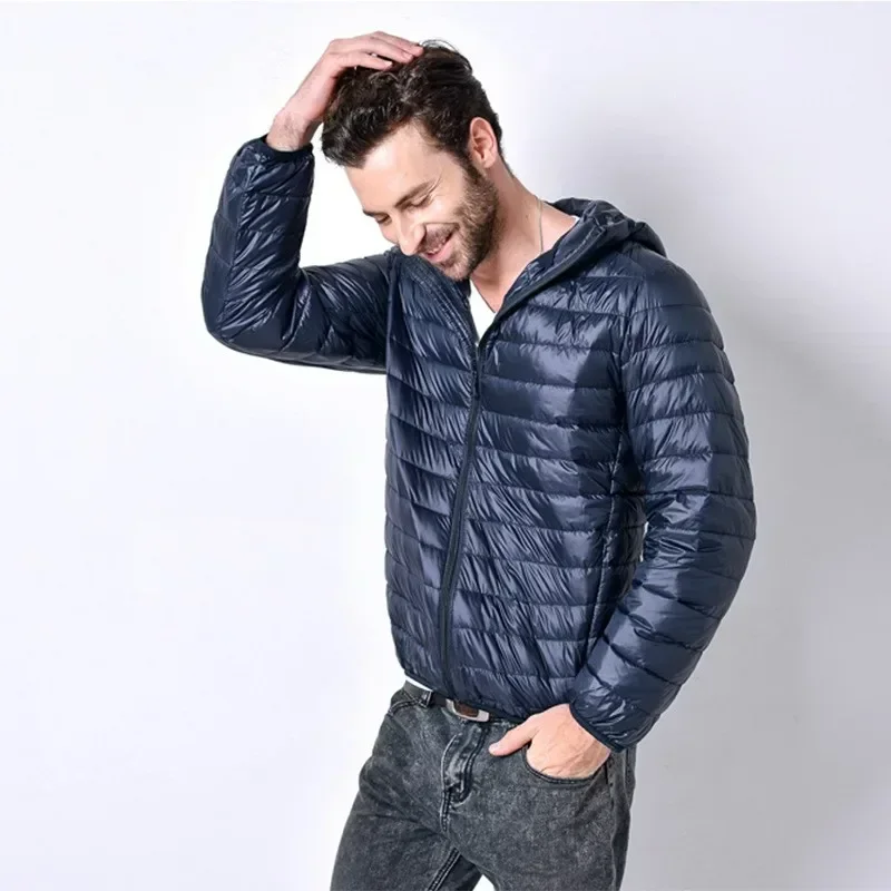 Primavera Outono Marca de Moda Ultra Light Duck Down Jacket Mens Coreano Streetwear Casaco de Pena Com Capuz Jaqueta Roupas Masculinas Quentes