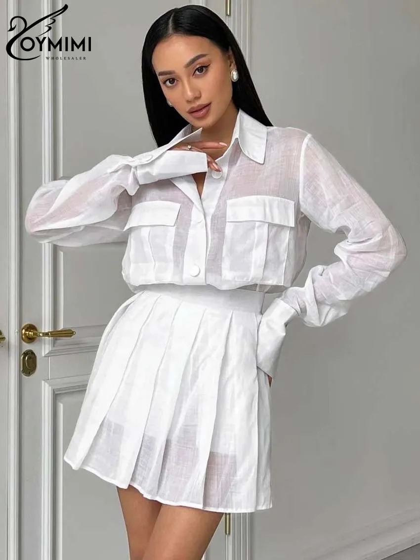 

Oymimi Fashion White Cotton Sets For Women 2 Pieces Elegant Long Sleeve Pockets Button Shirts And Pleated Mini Skirts Female Set