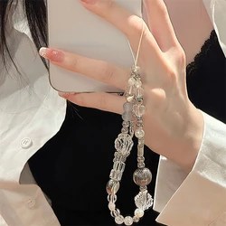 Korean Cute Clear Flower Heart Beaded Phone Chain Charm Lanyard For iPhone Huawei Samsung Universal Accessories Jewelry Pendant